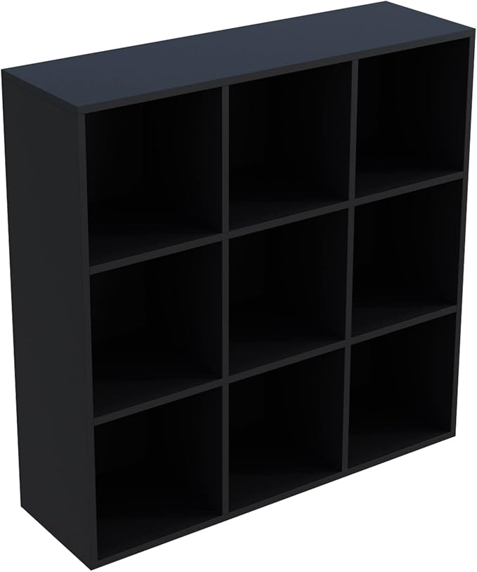 9-Cube Storage Shelf Bookcase, Black | Wooden 3-Tier Open Bookshelf, Fits 11×11" Bins, Vertical or Horizontal Use, Full Back Panels, For Home Office