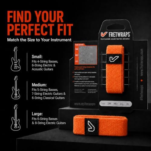 Gruv Gear Fret Wrap & Guitar Mute, Fretwrap for Acoustic, Electric & Bass | String Dampener Recording, Tapping & Practice Accessory (1 Pack, Medium Orange, Fits 5 String Bass, 7 String Guitar)