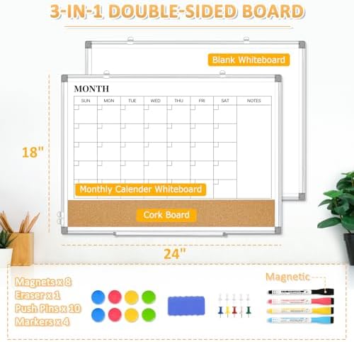 Monthly Dry Erase Calendar Whiteboard with Cork Board, 24" x 18", Silver