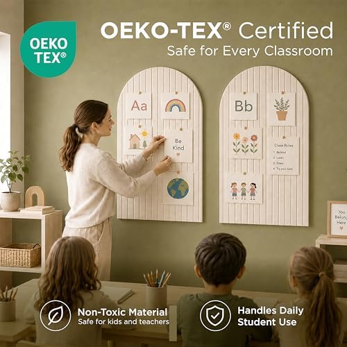 VIVELDA Large Felt Bulletin Board Arched 35" x 24" - Cork Board Alternative for Wall, 6 Felt Tiles with 32 Adhesive Tabs, Stylish Pin Board for Home Office, Bedroom & Classroom (Linen)
