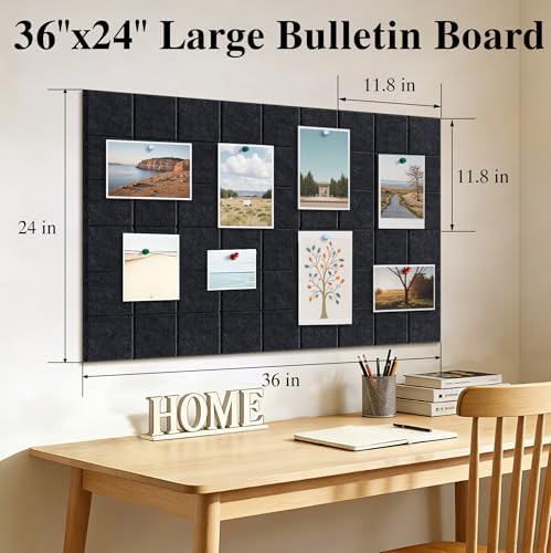 36" x 24" Large Black Cork Board Alternative - 6 Pack Felt Bulletin Board with 30 Push Pins, Felt Wall Tiles Pin Board for Walls Office Home School Decor, Aesthetic Cork Squares, Black