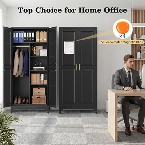 71" Metal Storage Cabinet with Hanging Rod, Black Tall Wardrobe Closet with 3 Adjustable Shelves, Heavy Duty Steel Office Armoire, Modern Minimalist Design for Bedroom, Laundry Room