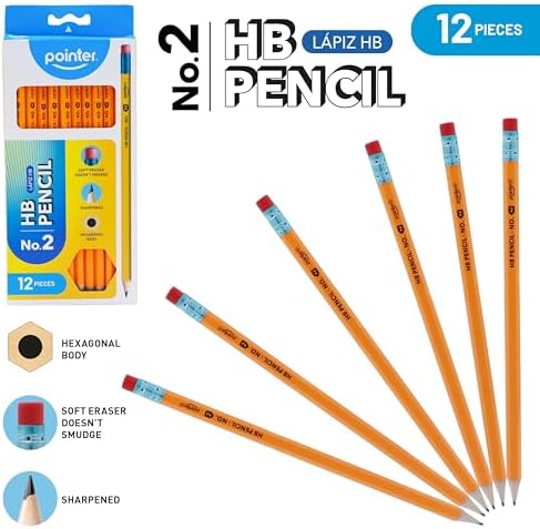 Pointer No. 2 HB Pencils – 12 Pack Pre‑Sharpened Yellow Wood‑Cased Pencils with Soft Erasers, Hexagonal Body for School, Office & Standardized Testing