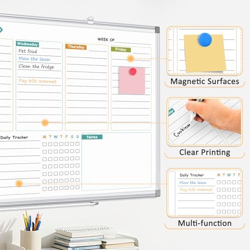 Weekly Dry Erase Calendar Whiteboard with Corkboard, 24" x 18", Silver