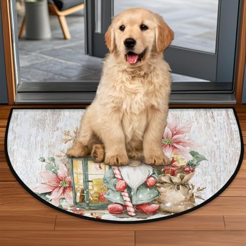 Christmas Vintage Gnome Half Round Door Mat, Non-Slip Welcome Indoor Entrance Way Rug Semi Circle Front Doormats Washable Bathroom Kitchen Floor Mat, Outdoor Rugs for Garage, Patio, Hearth Rug