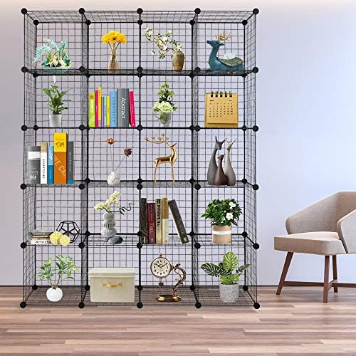 20-Cube Metal Wire Cube Storage with 1 Wooden hammer Stackable Storage Bins, Modular Bookcase, DIY Closet Cabinet Ideal for Living Room Bedroom, Home, Office 47''L x 14''W x 70''H Black (20-Cube)
