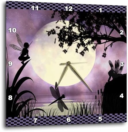 3dRose Wall Clock Silent - 10 inch - Fairies and Dragonflies with an Purple Moon - Fairies