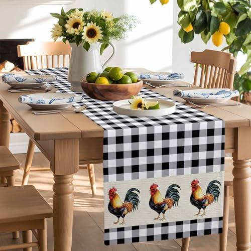 Farm Animals Chicken Table Runner Dresser Scarf 13 x 60 Inch Black White Buffalo Plaid Linen Table Runners Non-Slip Heat Resistant Kitchen Dining Table Decor for Home Holidays Indoor Outdoor
