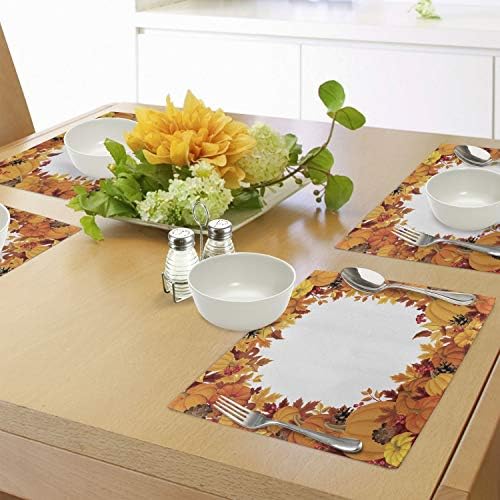 Lunarable Thanksgiving Place Mats Set of 4, Cartoon Style Circular Frame with Orange Pumpkin and Dry Leaves, Washable Fabric Placemats for Dining Table, Standard Size, Dark Orange