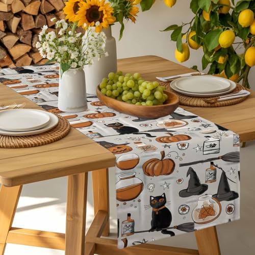 Vintage Style Table Runner Dresser Scarf 13 x 72 Inch Halloween Black Cat Orange Pumpkin Witch Hat Table Runners Non-Slip Heat Resistant Kitchen Dining Table Decor for Home Holidays Indoor Outdoor