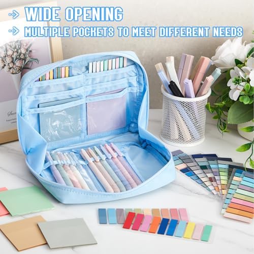 Trandraft 135 Pcs Book Annotation Kit with Pencil Case, 12 Pastel Highlighters, 11 Gel Pens, Fine Marker, 300 Transparent Sticky Notes, 2640 Index Tabs, Bible Study Supplies Kit(Kawaii,Blue)