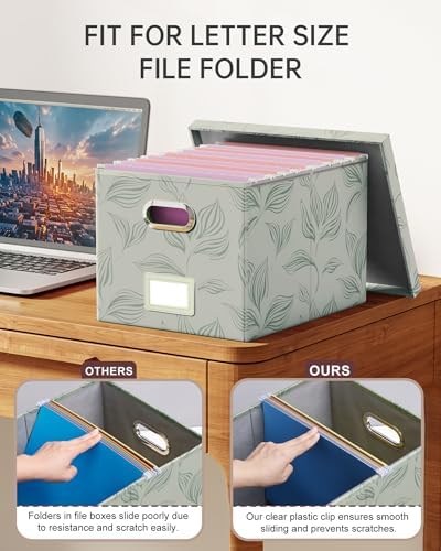 Oterri File Organizer with Lid, File Box, File Cabinet for Letter File Folder Storage, Hanging File Organizer for Office/Decor/Home,Document Organizer, 1 Pack,Leaf Gray-Box Only