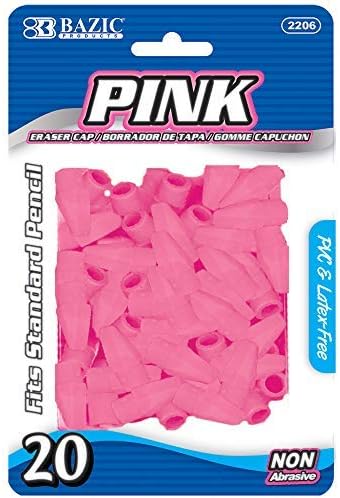 BAZIC Products Pink Pencil-Top Eraser Caps, Latex-Free, PVC-Free, 20 Count