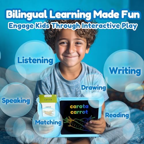 Writing Tablet with Bilingual Flash Cards for Kids, Italian Blue