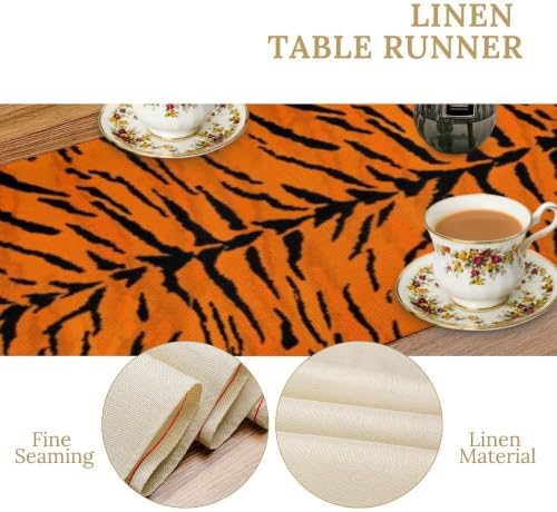 Vintage Tiger Print Table Runner, Rustic Cottage Country Farm Animal Fur Skin Pattern Western Style Black Brown Print Dinner Runner for Home Kitchen Dining Table Decoration 13x70 Inch