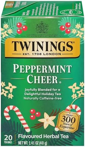 Twinings Peppermint Cheer Herbal Tea Individually Wrapped Bags, 20 Count (Pack of 1), Peppermint & Vanilla, Naturally Caffeine-Free, Enjoy Hot or Iced, 20 Teabags