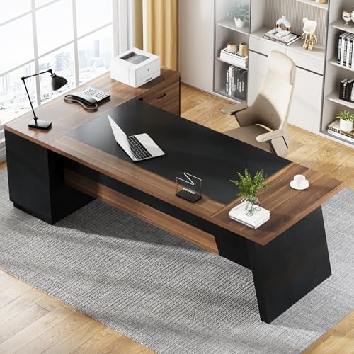 Tribesigns 78" L-Shaped Executive Desk, Large Office Desk with Drawers and File Cabinet, Modern Business Furniture for Home Office (Light Walnut + Black)