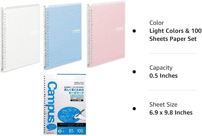 Kokuyo Campus Smart Ring Binders 3 Pack, B5 Notebook Binder +100 Sheet 6mm Dot Ruled Refiller Paper, 25 Sheet Capacity, 26 Rings, Light Color, Perfect for Work, Study & Journal