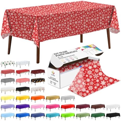 CXPSINC 54 Inch X 100 Feet Plastic Table Cover Roll Disposable Tablecloth with Slide Cutter for All Type/Shape Tables | Party, Banquet, Birthdays, Weddings(Christmas Red Snowflake, 100 Feet)