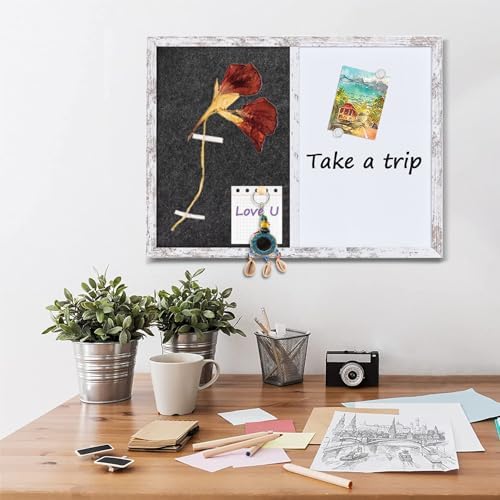 Whiteboard Bulletin Board Dark Gary Felt Board Combo for Office School Kitchen Bedroom, White Wood Frame,17.7"*23.6",Whiteboard+BK-4560WH