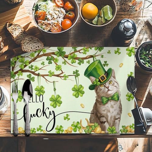Funny Cat Green Shamrock Clover Placemats Set of 6, St. Patrick's Day Top Hat Cotton Linen Table Mats Non-Slip St. Patrick's Day Green Lucky Cat Magic Hat Placemat for Dining Kitchen Table Decor