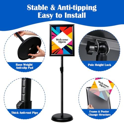 YIYO Adjustable Pedestal Poster Sign Stand,8.5 x 11 Advertising Business Menu Sign Holder for Floor Standing with Aluminum Snap-Open Reusable Frame,Black (8.5 x 11)