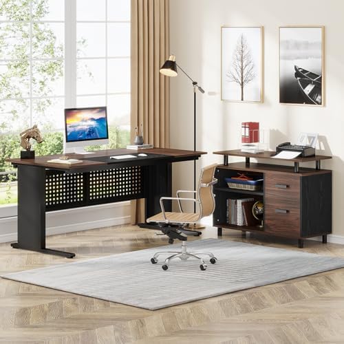 Tribesigns 63 Inch Executive Desk with File Cabinet, L Shaped Office Desk