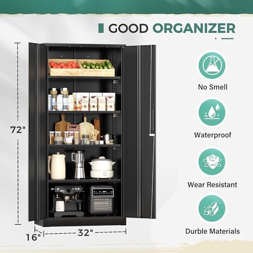 Greenvelly Storage Cabinet, 72” Black Garage Steel Locking Cabinet with Doors and 4 Adjustable Shelves, Tall Lockable File &Tool Cabinet for Home Office, Metal Classroom Cabinet Basement