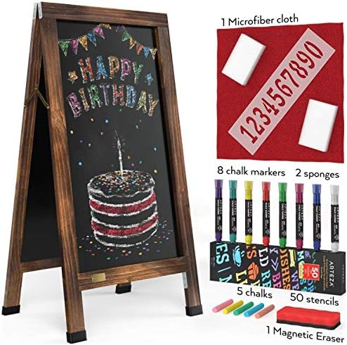 Arteza 40x20 Inch A-Frame Chalkboard Easel Set, Outdoor Chalkboard Sign with Chalk Sticks, Chalk Markers, Erasers, and Stencils, Standing Sign, Office Supplies for Businesses, Announcements & Events