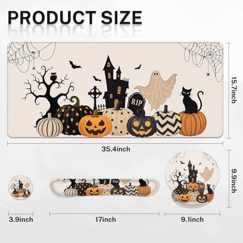 Britimes Keyboard Mouse Pad Set, 4 in 1 Desk Mat Set, Halloween Spooky Cat
