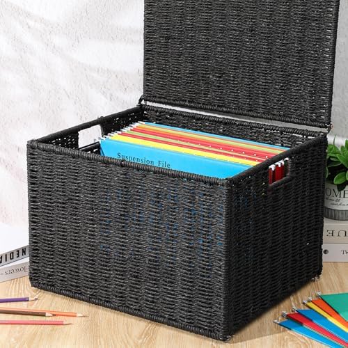 Cinnvoice Extra Large Decorative File Box 18 x 16 x 13 in Wicker Seagrass File Basket Organizer for Letter Legal Size Hand Woven Hanging Filing Cabinet with Lid for Office Paper Rope, Black