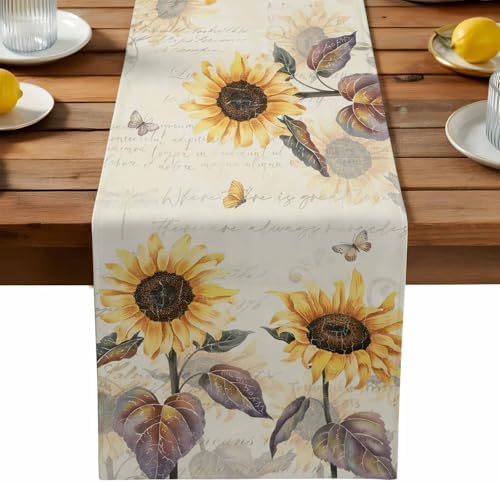 Farmhouse Sunflower Table Runner Dresser Scarf 13 x 36 Inch Vintage Yellow Flower Butterfly Botanical Table Runners Non-Slip Heat Resistant Kitchen Dining Table Decor for Home Holidays Indoor Outdoor