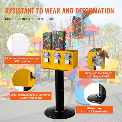 VEVOR Commercial Vending Machine, Triple Compartment Candy Dispenser with Iron Stand, Gumball and Candy Machine for Business, Coin Operated Gumball Bank for Toy Capsules Bouncy Balls Candy Nut, Yellow
