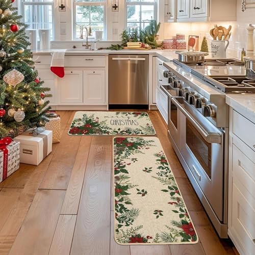 Baccessor Christmas Kitchen Rugs Set of 2, Poinsettia Holly Berry Leaves Kitchen Mats for Floor Hallway Laundry Sink Low-Profile Winter Holiday Home Decor 17x29 and 17x47 Inch