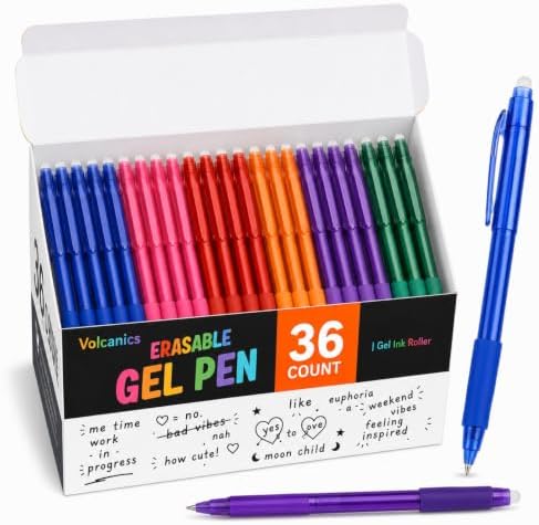 Volcanics Erasable Gel Pens, 0.7mm Medium Point, 6 Colors, 36 Pack | Colored Gel Ink Pens Erasable With Caps, Assorted Colors For Planner, Note Taking, Journaling And Office Supplies