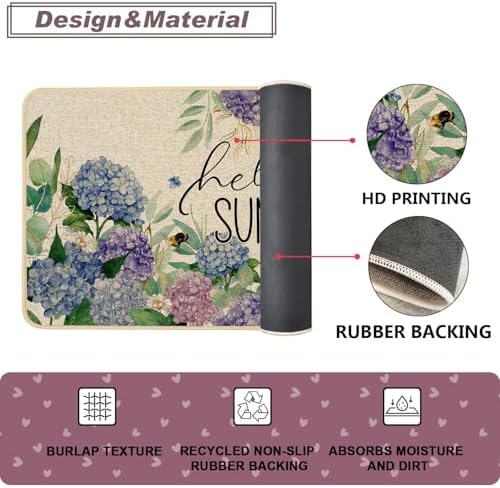 Baccessor Hydrangea Kitchen Mats Set of 2, Spring Summer Floral Bee Kitchen Rugs for Floor Non Slip Absorbent Low-Profile Seasonal Farmhouse Home Decor 17x29 and 17x47 Inch
