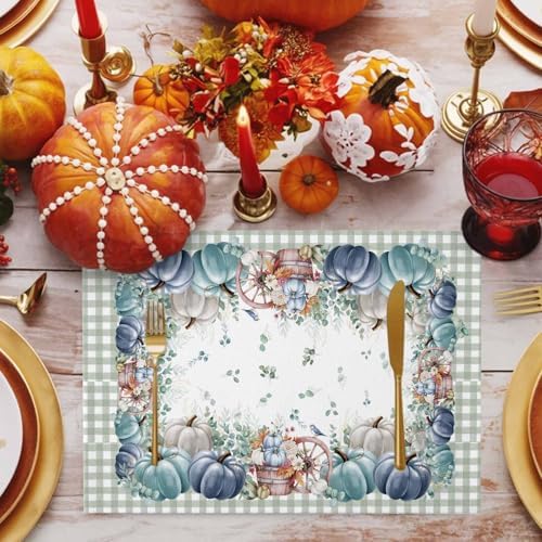 Fall Thanksgiving Placemats Set of 4, Navy Blue Pumpkins Green Eucalyptus Leaves Heat Resistant Washable Table Place Mats Sage Farmhouse Plaid Table Linens Decor for Home Kitchen Dining Outdoor Indoor