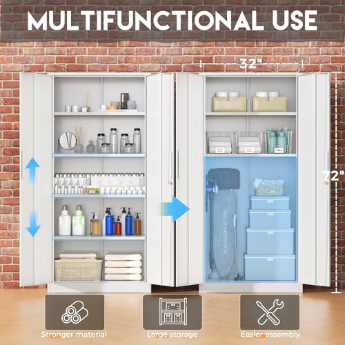 Greenvelly White Metal Storage Cabinet, 72" Steel Locking Cabinet with Doors and 4 Adjustable Shelves, Tall Tool Cabinets Lockable File Cabinet for Home Office, Metal Classroom Cabinet for Garage