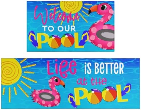 Summer Kitchen Rugs and Mats Set of 2,Welcome to Our Pool Flamingo Farmhouse Summer Non Slip Washable Floor Sink Mats Decorations for Home Kitchen 18"x48"+18"x30"