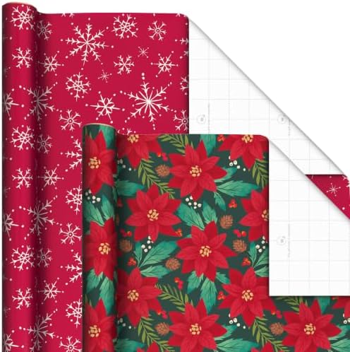Hallmark Rustic Recyclable Christmas Wrapping Paper (6 Rolls: 180 Sq. Ft. Total) Red, White and Hunter Green Plaid, Poinsettias, Snowflakes, "Merry Christmas," Snowman, Santa