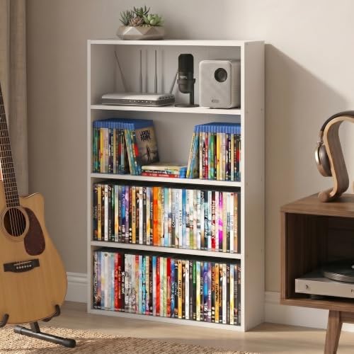 Furinno Basic DVD Shelf, 4-Tier CD Rack, Media Shelf, White | 6 x 24 x 35, Open Shelf for DVD Blueray Game Disc, Storage Cabinets, for Living Room, Bedroom, Home Office