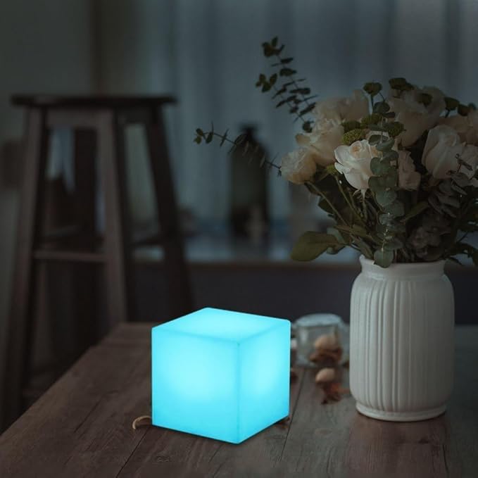 Mr.Go 4-inch LED Cube Light, Dimmable Kids Night Light Mood Lamp w/Remote | 16 RGB Colors,4 Lighting Effects,8-Level Dimming,Rechargeable 1000mAh Battery,Waterproof for Desk Bedroom Nursery Party Decor
