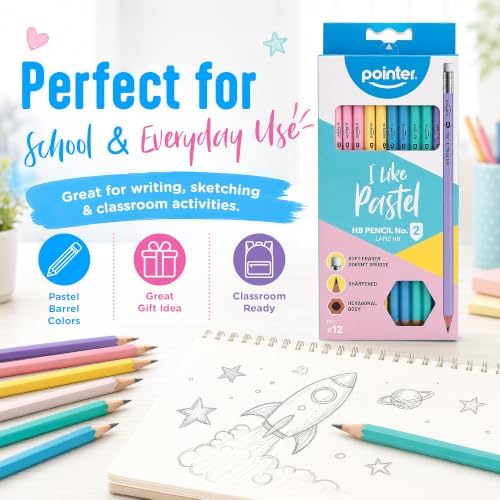 Pointer Pastel HB Pencils with Soft Eraser, Hexagonal Body, Pre-Sharpened, Assorted Colors, 12 Count