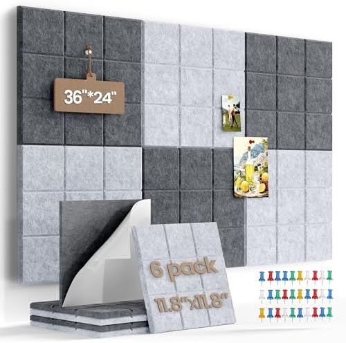 Large Felt Board Tiles for Wall with Pack of 6 Pin Board Notice Boards for Home Office Kitchen, Bulletin Board Wall Tiles for Photos Memos (Drak Grey+Light Grey, 6 Pack)