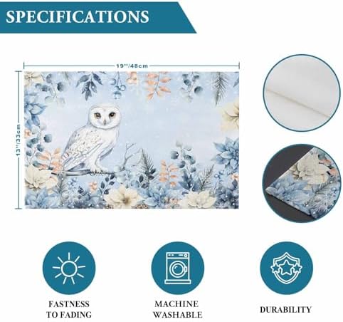 Blue Christmas Placemats Set of 4, Winter Snowy Owl Poinsettia Eucalyptus Leaves Heat Resistant Washable Table Place Mats Cotton Table Linens Party Holiday Decor for Kitchen Dining Outdoor Indoor