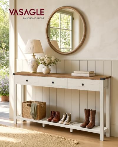 VASAGLE 63 Inche Narrow Console Table with 3 Drawers and Open Storage Shelf | Long Sofa Table, 9.4 x 63 x 29.9, Farmhouse Style, Easy Assembly, Rustic White and Honey Brown, LIRY Collection ULNT148W101