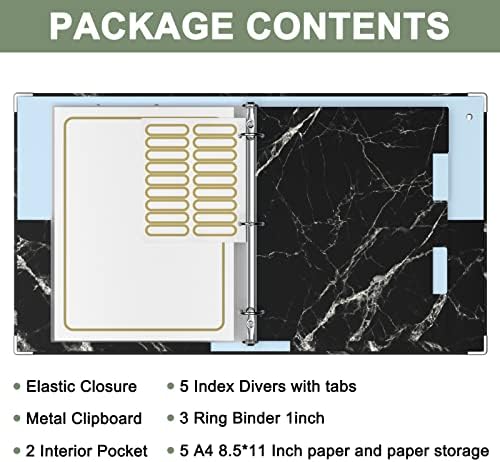 Rouidr 3 Ring Binder with clipboard, 1 inch 8.5 x 11 in Letter Size View Binders Organizer with Dividers Tabs & Clear Sleeves, School Supplies, Office Supplies, Black Textured Marble