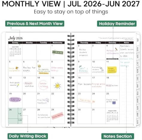 Planner 2026-2027, Weekly & Monthly Academic Calendar, Jul 2026 – Jun 2027