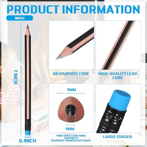 Seajan 48 Pcs 6b Jumbo Pencils, Big, Fat, Thick, Triangular Grip 7 Inch Large Pencils Refill with Eraser for Beginners Office Christmas Gifts(Black)
