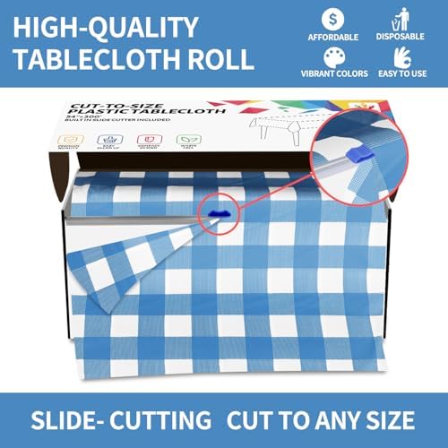 CXPSINC 54 Inch X 300 Feet Plastic Table Cover Roll Disposable Tablecloth with Slide Cutter for All Type/Shape Tables | Party, Banquet, Birthdays, Weddings(Blue Checkered, 300 Feet)